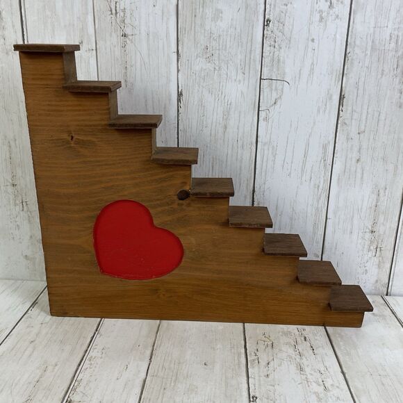 Vintage Wood Staircase Shelf W/ Red Heart Wall Mount Or Shelf Sitter - Picture 1 of 8